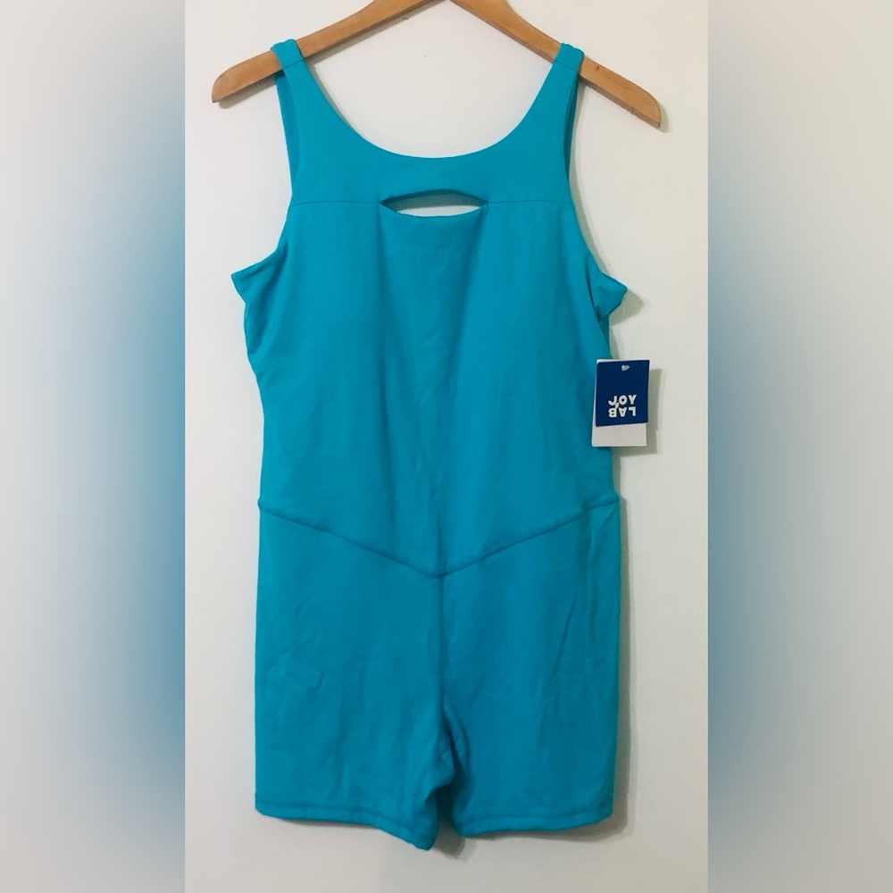 Joylab women’s one piece Bodysuit athletics back low cutout front keyhole blue.L